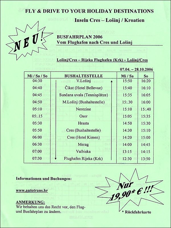Fahrplan von Autotrans f�r Transfer Flughafen Rijeka in Kroatien nach Mali Losinj - Kvarner Bucht / Kroatien